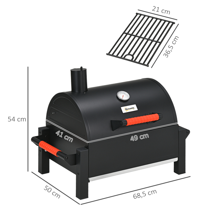 Grill Outsunny з дерев’яною рамою, настільний гриль з решіткою, кошом для вугілля, гриль для кемпінгу з кришкою, ручкою, термометром, настільний гриль для пікніка, саду, чорного кольору, 68,5 x 50 x 54 см | Aosom