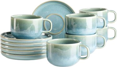 Набір кавових чашок MÄSER Cordelia (12 шт.) з високоякісного фарфору, 6 чашок та 6 блюдець, зелений колір