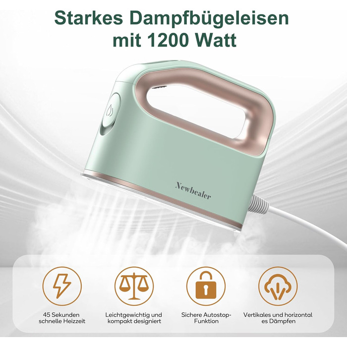 Праска з парою Newbealer 1200W: компактна, для подорожей, 3 режими, швидкий нагрів 45с, зелена