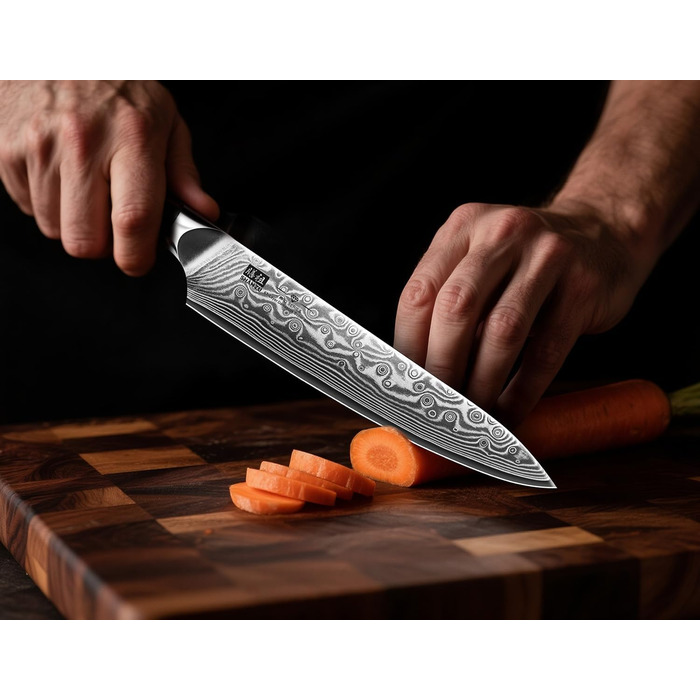Японський ніж SHAN ZU 15 см з дамаської сталі, PRO Series - універсальний ніж для кухні з лезом з 67 шарів вуглецевої сталі та ручкою G10