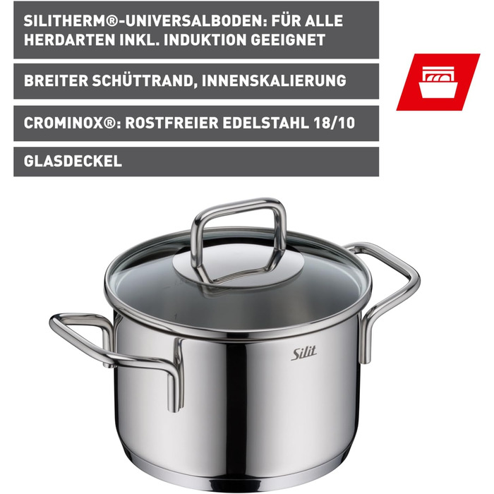 Набір кухонного посуду Silit Extra Cook: каструлі 16/20/24 см з кришкою, ковшик 16 см, мірна шкала, широке вушко, придатний для миття в посудомийній машині, з нержавіючої сталі Crominox