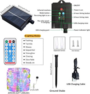 Сонячний світлодіодний мотузковий ліхтар JIMACRO, IP65, 200 світлодіодів, 8 режимів, різнокольоровий, 22 м для зовнішнього декору та Різдва