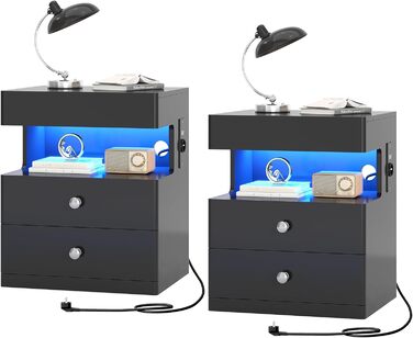 Нічний столик AOGLLATI з прихованим відділенням, розеткою та LED-підсвічуванням, 2 шухляди, висувний ящик, полиця, глянцева поверхня (40x35x59 см, чорний, 2)