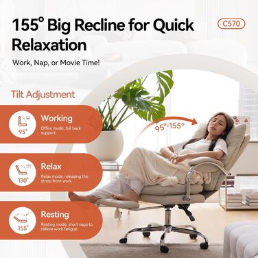 Офісний крісло EMIAH з підставкою для ніг, комфортний крісло для роботи з підлокітниками, ергономічний крісло для начальника з PU шкіри та роликами, ігровий комп'ютерний стілець з потовщеним сидінням, без функції масажу (Бежевий)