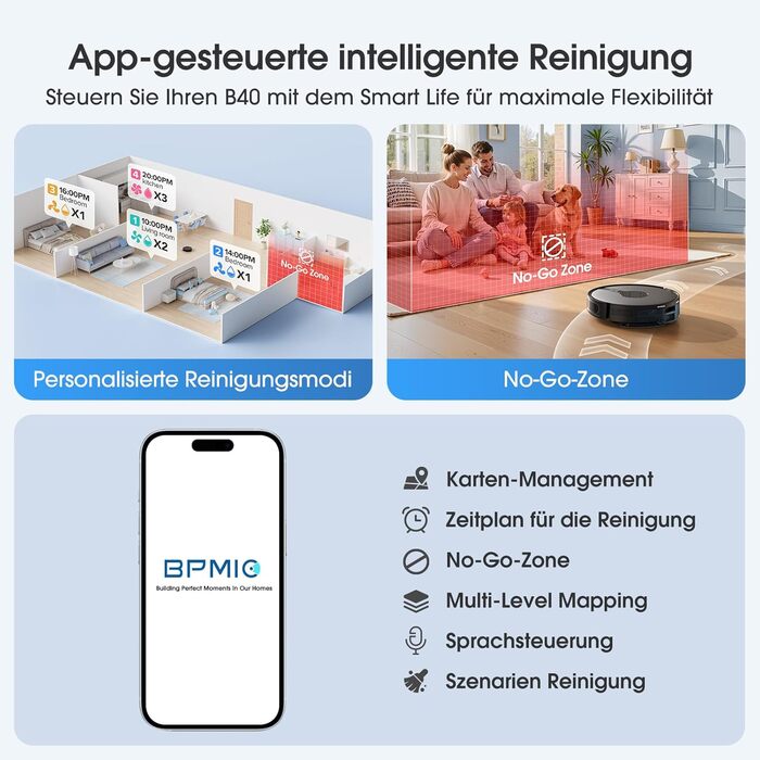 Робот-пилосос BPMIO з функцією миття підлоги та станцією самоочищення, потужність всмоктування 6500Pa, навігація LiDAR, час роботи 180 хвилин, ідеально підходить для шерсті тварин, килима та твердих підлог (B40 Plus)