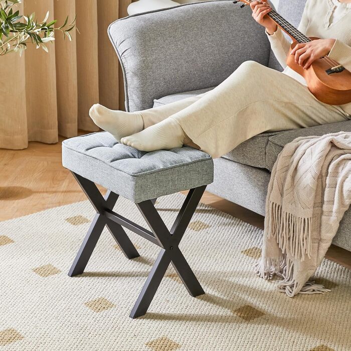 Пуф-табуретка IBUYKE з X-подібними ніжками та підставкою для ніг, тканина льон, сірий блакитний колір, для спальні, вітальні, як приліжкові столики