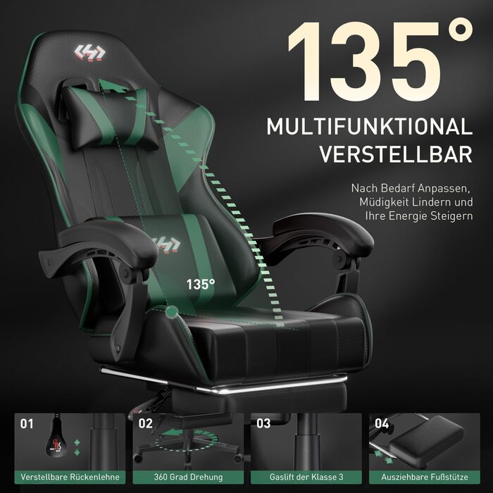 HLONONE Ігровий крісло, ергономічний геймерський крісло з кишеньковим пружинним матрацом, гоночний крісло для геймерів з підніжкою, підтримкою попереку, регульоване офісне крісло, вантажопідйомність 150 кг, PC крісло (Чорний-зелений)