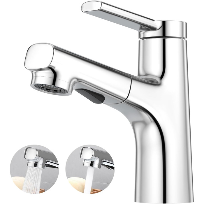 Сучасний змішувач для ванної кімнати CREA з висувною лійкою, 2 режими струменя, з міді, хром, для умивальника