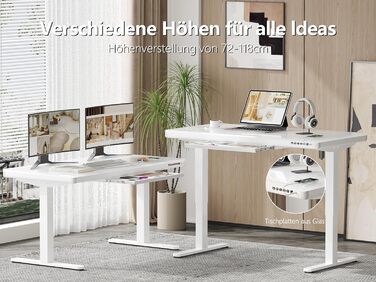 Електричний письмовий стіл Homall зі скляною стільницею, 140x70 см, з регулюванням висоти та шухлядою, білий, для дому та офісу