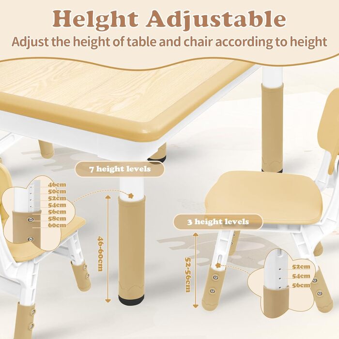 Дитячий стіл зі стільцями (2 шт.) 80x60 см, регульована висота, для дитячого садка, ідеально для ігор, малювання та розмальовування. Легко миється. Набір столу та стільців для дітей від 2 років (Бежевий)