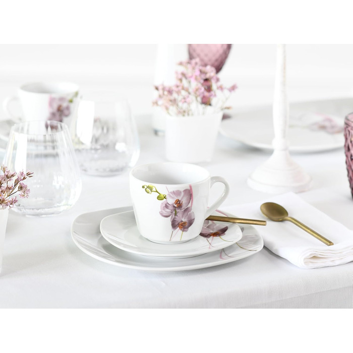 CreaTable Серія Square Orchidee: 18-частинний порцеляновий кавовий сервіс на 6 осіб, для кави, миття в посудомийній машині та використання в мікрохвильовій печі