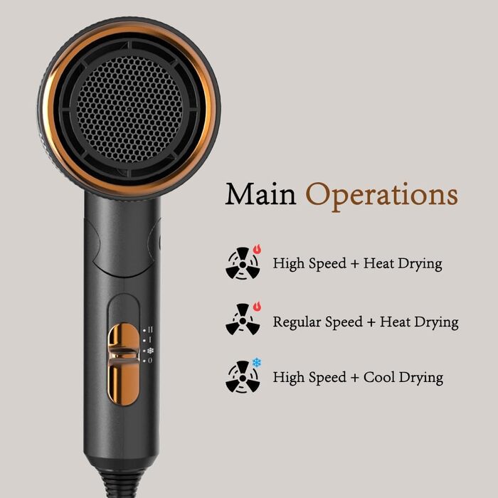 Компактний іонний фен для волосся 2000 Вт, складаний дорожній фен з дифузором та styling-насадкою, швидке сушіння, низький рівень шуму (Чорний)