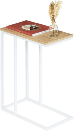 Бічний стіл IDIMEX Debora, практичний стіл для вітальні у С-подібній формі, красива стільниця журнального столика прямокутна в елегантному диванному столику з металевим каркасом (дуб сонома/білий)