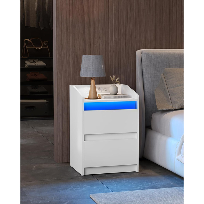 Набір з 2 приліжкових тумб з LED-підсвіткою, зарядною станцією, USB та розетками, з 2 шухлядами, білий, для спальні та вітальні, модель NS30103X
