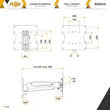 Кріплення для монітора RICOO S2711: поворотне, на газовій пружині, для моніторів 13-34 дюймів, регулювання висоти, VESA 75 & 100