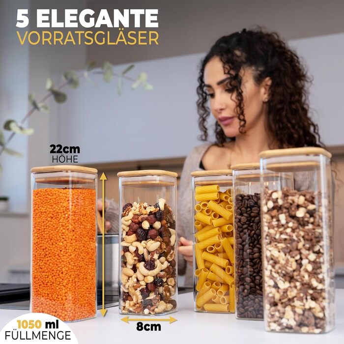 Скляні банки для зберігання з кришкою, круглі - 5 шт по 850 мл, посилена скляна тара, герметичні контейнери для продуктів, кухонні органайзери (5 шт, квадратні)