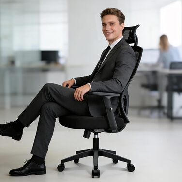 Ергономічне крісло для офісу, регульоване по висоті, поворотне з підтримкою попереку та підголівником, функція відкидання 90°-130°, максимальне навантаження 150 кг, чорний колір, X-Large