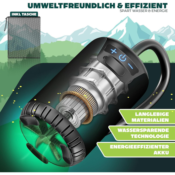 Соняшний душ KESSER® з насосом та акумулятором 8000mAh. Комплект для кемпінгу: регульована лійка, шланг 2м, пістолет-пульверизатор, кріплення. Без бака (Чорний/Чорний)