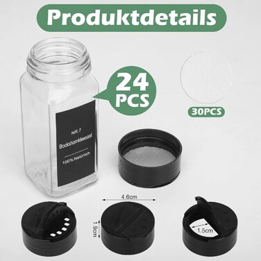 Набір скляних банок для спецій 30 шт. з дозатором, вологостійкі етикетки, 120 мл, чорний колір, органайзер для спецій