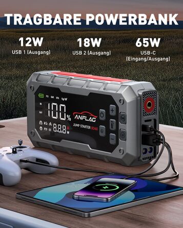 Powerbank для автомобіля ANFLAG 7000A з компресором 160PSI, 26800mAh, підтримка бензинових та дизельних двигунів (до 14.0L), PD65W, LED-ліхтар