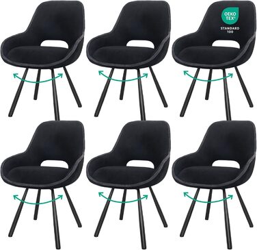 Набір з 6 обертових кухонних стільців, чорного кольору, з низькими підлокітниками, 180° оберт, автоматичне вирівнювання