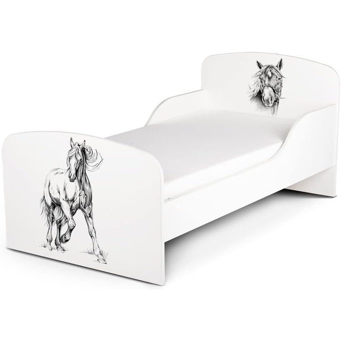 Дерев'яне ліжко Leomark з функціональністю - дитяче ліжко з матрацом, бортиками та ламелями, розмір спального місця 70/140 см, принт UV (Мій кінь)