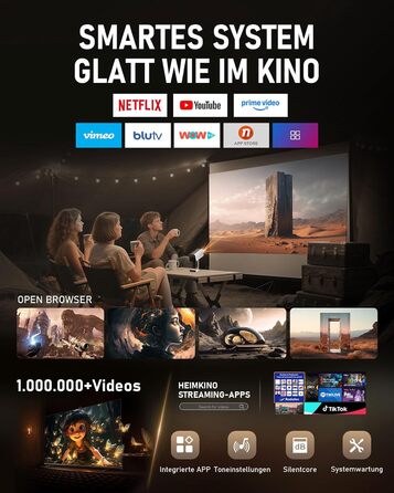 Mini проєктор Smart Beamer 4K з автофокусом, WiFi6, Bluetooth, 28000 люмен, підтримка Netflix та Dolby Audio. Підходить для домашнього кінотеатру та використання на вулиці. Сумісний з телефонами та ПК.