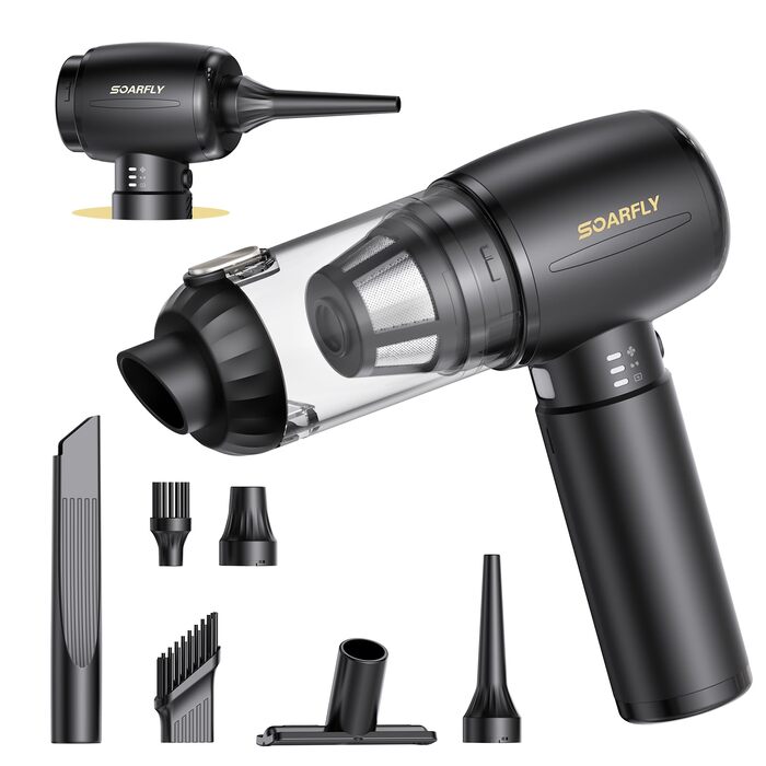 Акумуляторний ручний пилосос SoarFly 4 в 1, 25000Па, бездротовий міні-пилосос для авто, дому та ПК з безщітковим двигуном, LED-підсвіткою та набором щіток, чорний