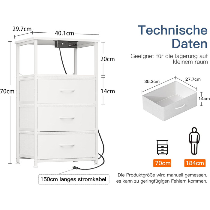 Приліжкова тумбочка Coleshome біла з розеткою, 2 USB, LED-підсвіткою, 3 висувними ящиками та місцем для зберігання, 40x30x70 см