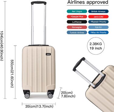 Троєвий валіза Kono ABS з жорстким корпусом, 4 колеса, з замком (Бежевий, ручна поклажа)