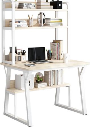 Комп'ютерний стіл 80 x 50 см з полицями, білий та світло-бежевий для дому та офісу