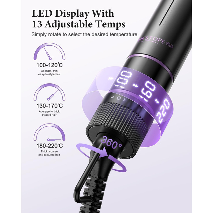BESTOPE PRO Локкенстаб: Набір для створення локонів 5 в 1 з плойкою, термощіткою, 3 локонами (9mm-25mm) для великих локонів, 13 температур, керлером з термозахистом. Матова поверхня, рукавичка, затискач. Колір: Північне сяйво (Lila)