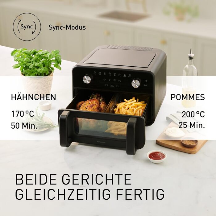 Фритюрниця повітряна Panasonic NF-CC500SXE з вікном, 80–200 °C, 9.6 л, 11 програм, LCD-дисплей, функція пари, ETM Award 2024, легко миється, сірий матовий колір