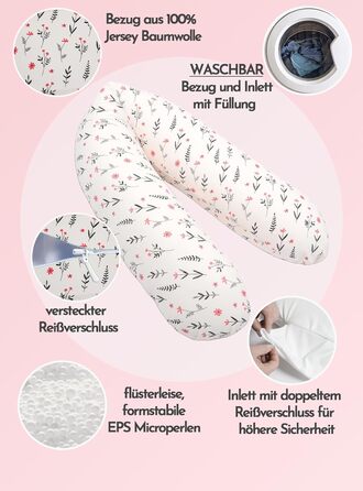 Подушка для вагітних Bear Classic 190 см, бавовняна подушка для сну та підтримки тіла, гіпоалергенна, колір Flower Pink