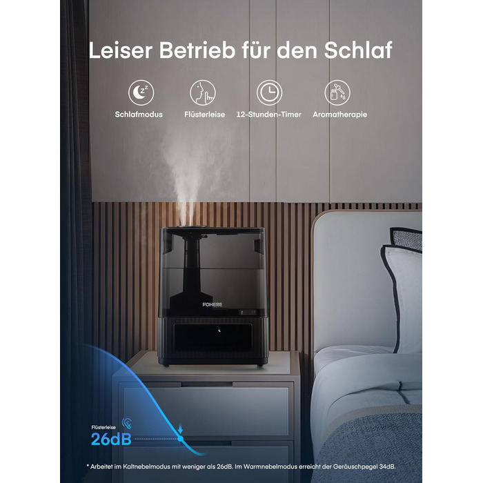 Зволожувач повітря FOHERE для спальні, 6 л, тихий, з теплим/холодним туманом, 60 годин роботи, дифузор для ефірних олій, режим сну, таймер 12 годин, нічник для дому, дитячої кімнати, рослин, немовлят та дітей