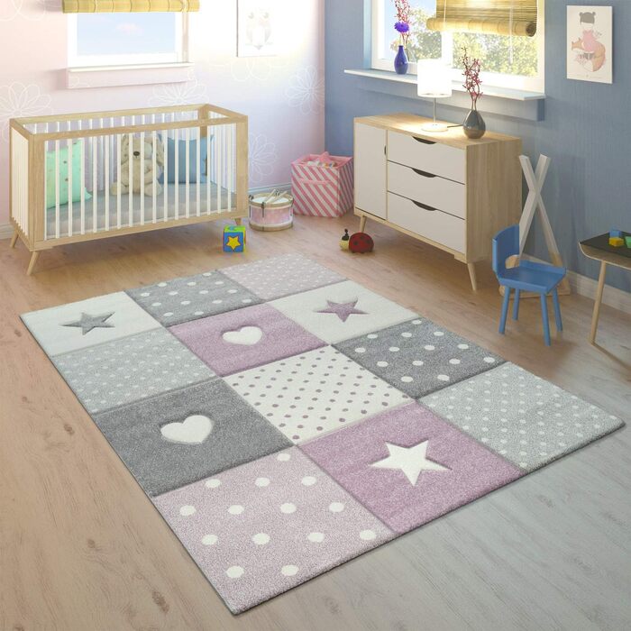 Дитяча дитяча кімната Дитячий килим для хлопчиків Дівчатка Play Килим Modern Heart Dots Stars 3D Effect Purple Grey Cream, Розмір (200x290 см)