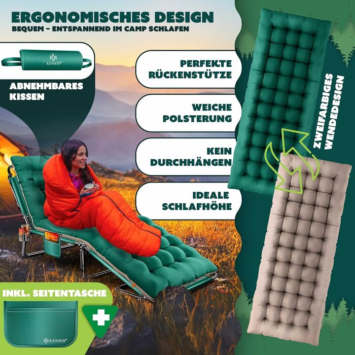 Розкладне кемпінгове ліжко KESSER з преміум-матрацом 190x68x30 см, польове ліжко до 250 кг з подушкою, кишенею та підстаканником, для відпочинку на природі та дому, колір Зелений/Тауп
