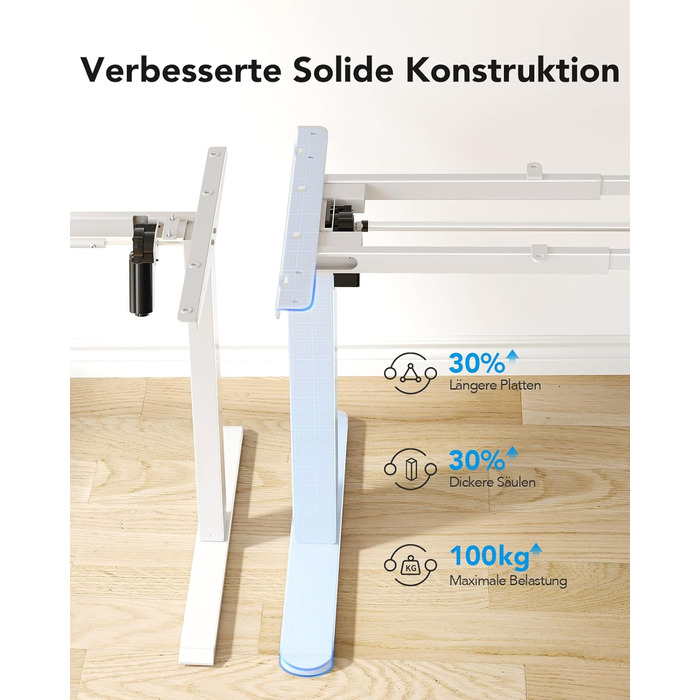 Регульований стіл-рама HUANUO з безщітковим мотором, вантажопідйомність 100 кг, для стільниць 110x200 см (тільки рама, білий)