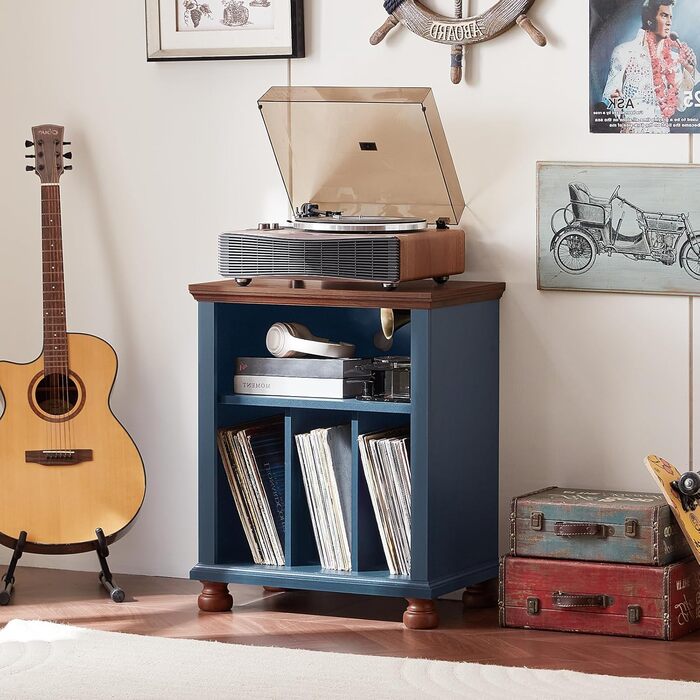 LELELINKY Підставка для програвача, полиця для платівок, містить до 200 платівок, великий дерев'яний стіл для програвача, полиця для платівок у вітальню, спальню, офіс (Блакитний)