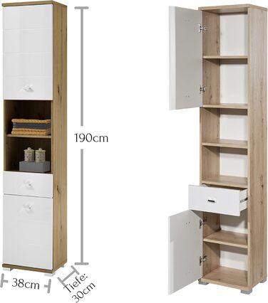 Ванна кімната Висока шафа, дуб ремісничий/білий, 38x190x30 см, багато місця для зберігання