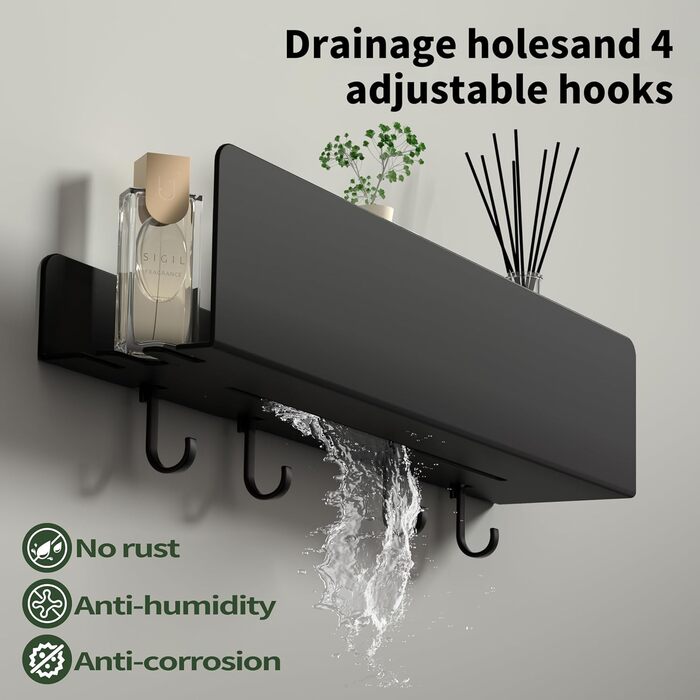 Поличка для душу REKITA без свердління, органайзер для ванної кімнати 40 см, поличка з нержавіючої сталі з 4 знімними гачками, тримач для шампуню для душу, навісна поличка, чорний колір