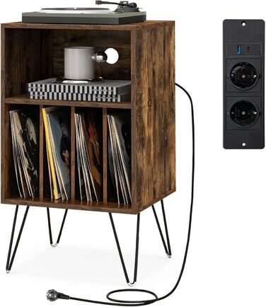 Підставка для програвача COSTWAY з зарядкою, 3-рівнева, для зберігання вінілових платівок з полицею та 4 роздільниками, 48 x 40 x 88 см (індустріальний стиль)