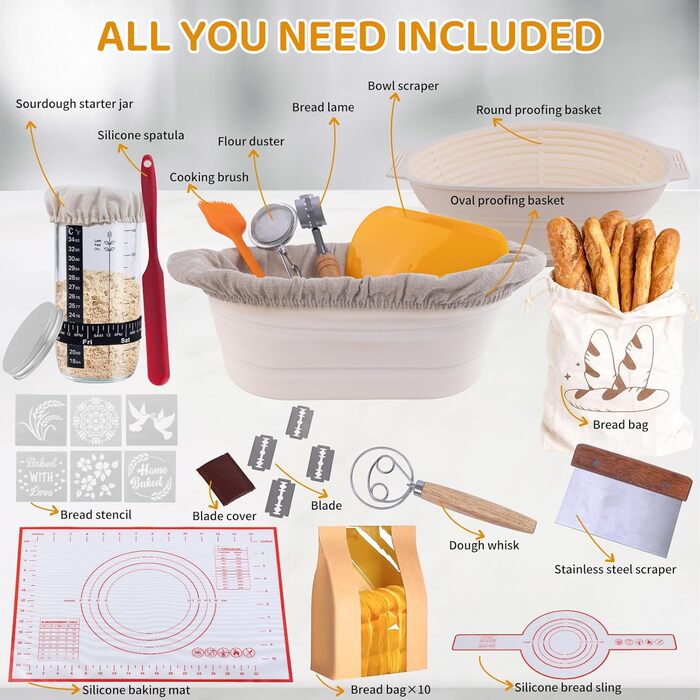 Набір для закваски хліба: 22см круглий та 23см овальний кошик для підйому тіста, скляна тара для закваски, аксесуари для випічки для початківців та хобі-пекарів, великий подарунковий набір для випічки