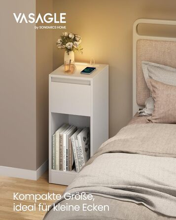 Приліжкова тумбочка VASAGLE з LED-підсвічуванням, USB-A та USB-C, з шухлядою та відкритим відсіком, для спальні/вітальні, білий колір LET610W01