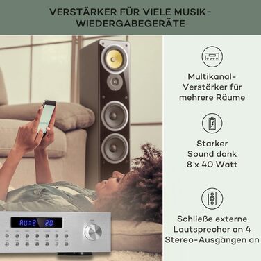 Міні-підсилювач Auna HiFi Stereo, 4-канальний, з керуванням низькими та високими частотами, з пультом дистанційного керування та входом AUX