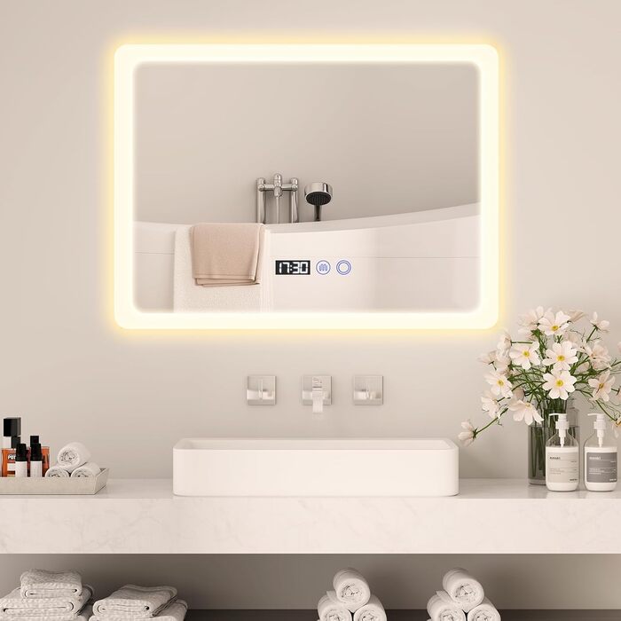 Дзеркало для ванної кімнати YU YUSING з підсвічуванням 80x60 см, LED, 3 кольори світла, регулювання яскравості, антизапар, сенсорне управління, таймер, загартоване скло, IP44, прозоре