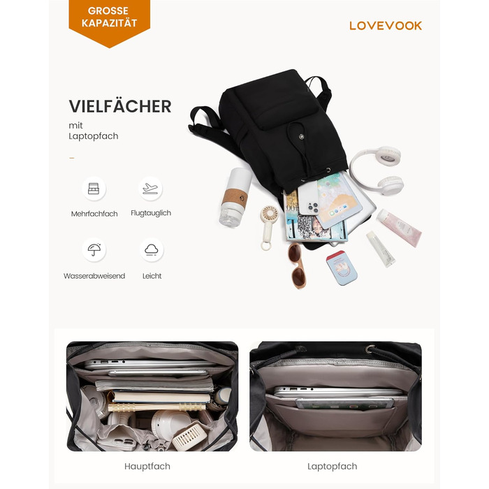 Сумка-рюкзак LOVEVOOK для жінок, легкий шкільний рюкзак для підлітків з відділенням для ноутбука 15.6 дюймів, чорний M-15,6