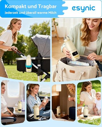 eSynic Підігрівач для пляшечок 450 мл з акумулятором 15000mAh, нержавіюча сталь 316, швидкий нагрів за 2-3 хв, для грудного молока та води, USB-C, BPA-free, для подорожей та нічного годування