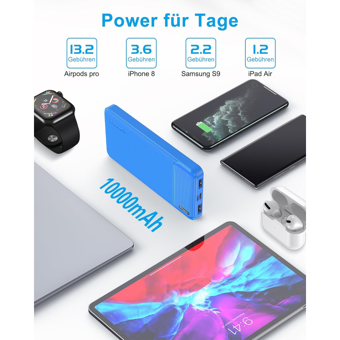 Набір з 2 шт. , тонкий, USB-C, 4 порти, сумісний з iPhone, Samsung (червонийсиній), 10000mAh