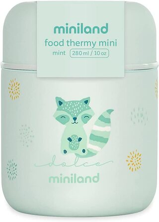 Термоізоляційний контейнер Miniland Food Thermy Mini Mint об'ємом 280 мл з подвійним сталевим ізоляційним шаром підтримує температуру продуктів протягом декількох годин.